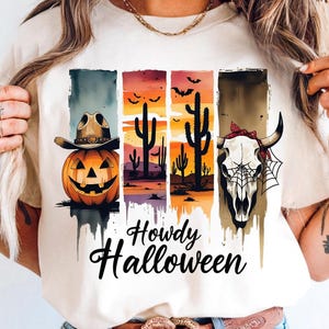 Howdy Halloween Watercolor Brushstroke PNG, Western Cowboy Halloween Sublimation Design, Pumpkin Cow Skull Png, Skeleton Cowboy Png