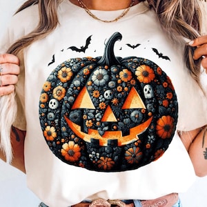 Black Floral Pumpkin Png, Jack-O-Lantern Pumpkin PNG, Halloween Sublimation Design, Fall Shirt Png, Trendy Cottage core Pumpkin Png,