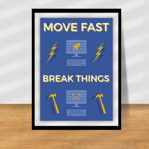 May include: A blue framed poster with the text "MOVE FAST BREAK THINGS" in yellow letters. The poster features two computer screens with yellow lightning bolts and hammers on either side.