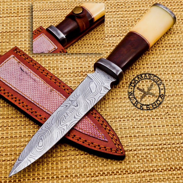 Damascus steel hunting knife, Tang fixed blade knife. Straight knife
