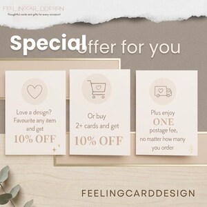 May include: Three rectangular cards with beige backgrounds and dark text. The first card shows a heart icon and text about getting 10% off. The second card features a shopping cart icon and 10% off offer. The third card displays a delivery truck icon.