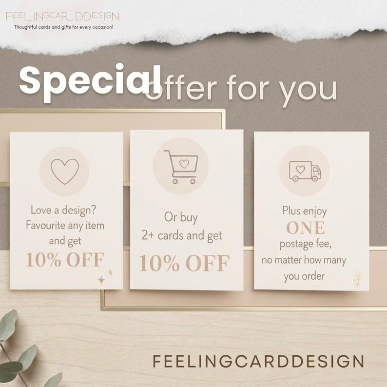 May include: Three rectangular cards with beige backgrounds and dark text. The first card shows a heart icon and text about getting 10% off. The second card features a shopping cart icon and 10% off offer. The third card displays a delivery truck icon.