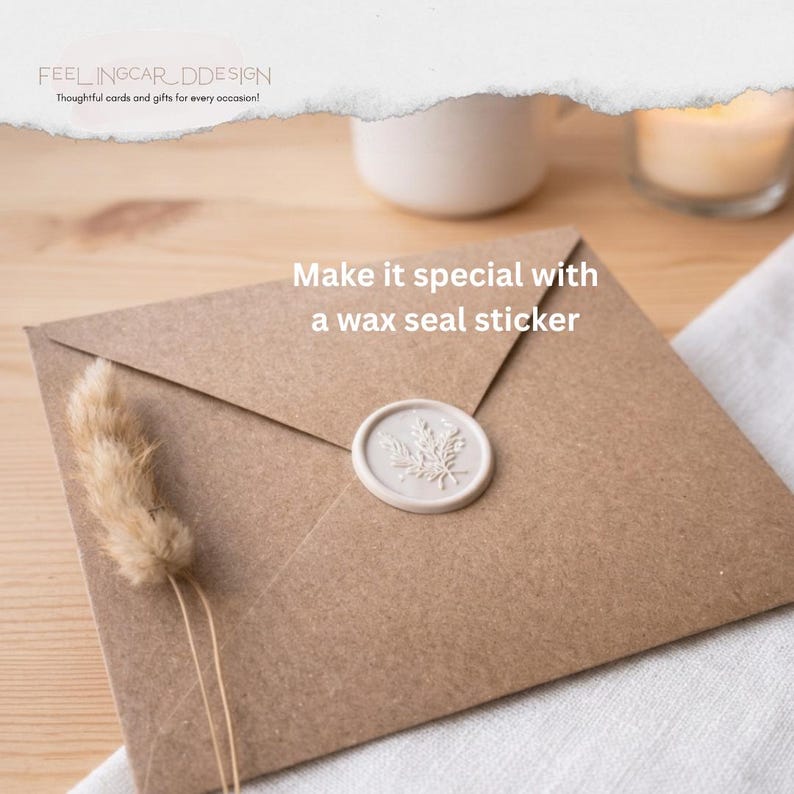 May include: A brown kraft paper envelope sealed with a round, off-white wax seal sticker featuring a botanical sprig design. The envelope is adorned with a small, fluffy tan dried grass stem. Text on the image reads: Make it special with a wax seal sticker.