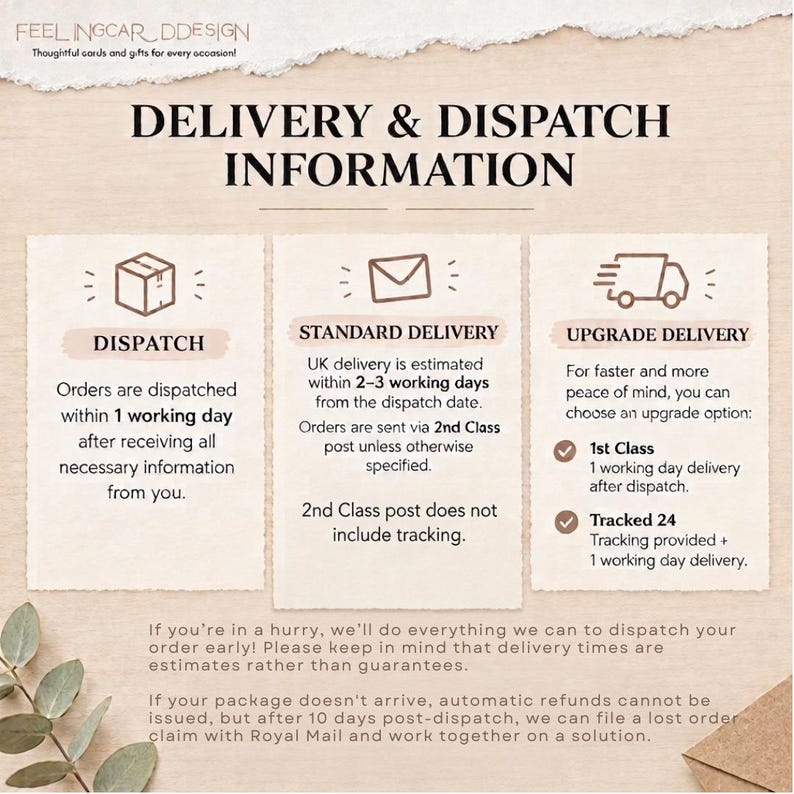May include: An informational graphic titled DELIVERY & DISPATCH INFORMATION with three sections featuring icons of a box, an envelope, and a truck. The text outlines dispatch times, standard delivery via 2nd Class post, and upgrade options like 1st Class and Tracked 24.
