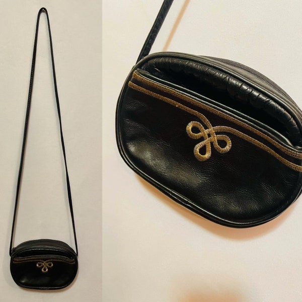 Vintage 80s 90s Gold Black Leather Rocker Purse | Small Oval Structured Crossbody Shoulder Strap Bag w/ Metallic Gold Embroidery