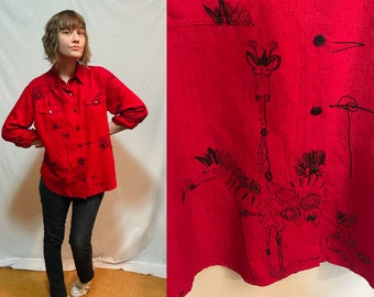 90s Animal Print SILK Red Long Sleeve Button Up Shirt Womens Medium to Large | 3/4 Sleeve Vintage Collar Hand Drawn Zebra Monkey Giraffe