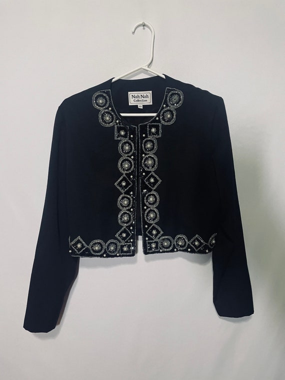 Vintage Bolero Jacket Black Bedazzled Sequins Emb… - image 3