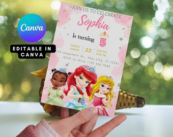 Invitation d'anniversaire de petite princesse Ariel, Tangled, Tiana, Aurora, modèle modifiable instantané personnalisé