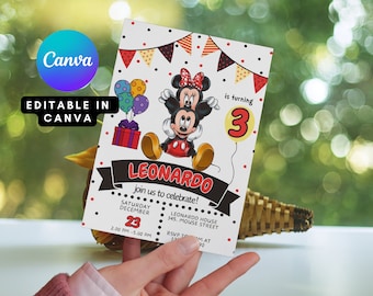 Modèle modifiable d'invitation d'anniversaire Mickey, invitations de fête d'anniversaire imprimables, invitations garçons et filles, invitations Mickey Mouse