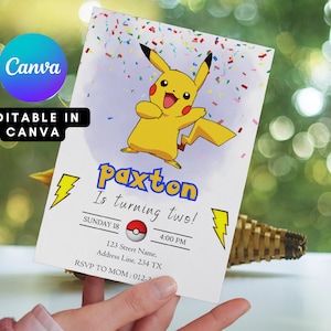 Faire-part d'anniversaire Pikachu, faire-part d'anniversaire Pokemone, faire-part d'anniversaire imprimable, modèle d'invitation de fête imprimable image 1