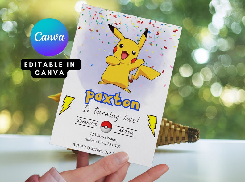 Faire-part d'anniversaire Pikachu, faire-part d'anniversaire Pokemone, faire-part d'anniversaire imprimable, modèle d'invitation de fête imprimable image 1