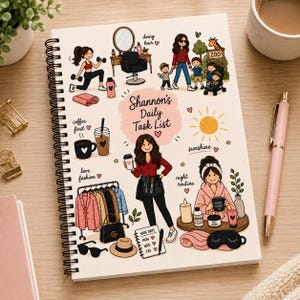 May include: A spiral-bound notebook titled Shannon's Daily Task List featuring colorful illustrations of daily activities including exercising, visiting a zoo, drinking coffee, organizing clothes, and a nighttime skincare routine with various icons.