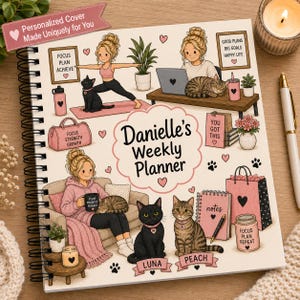May include: A spiral-bound weekly planner with a cream cover featuring illustrations of a person with cats, plants, and office supplies. The text reads Danielle's Weekly Planner, Focus Plan Achieve, Good Plans Big Goals Happy Life, Focus Strength Growth, You Got This, Plan Prioritize Prosper, Focus Plan Repeat, Luna, and Peach.