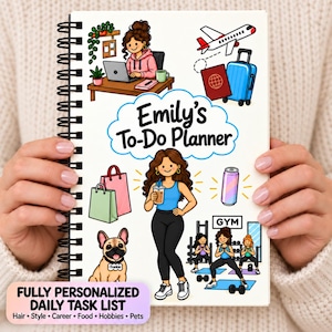 May include: A spiral-bound planner titled Emily's To-Do Planner featuring colorful cartoon illustrations of a person working at a desk, traveling with a suitcase, shopping, drinking a beverage, walking a French bulldog, and exercising at a gym.