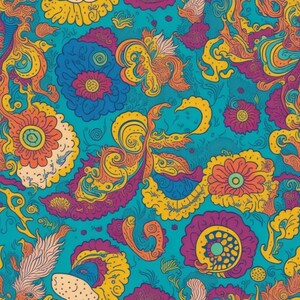 May include: A seamless pattern with a vibrant blue background featuring intricate yellow, orange, pink, and purple floral designs. The pattern is filled with swirling lines and abstract shapes, creating a whimsical and colorful design.
