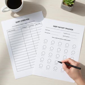 May include: Two white sheets of paper with black text, "DEBT OVERVIEW" and "DEBT PAYOFF TRACKER", are on a light wood surface. A hand is holding a black pen, filling in a circle on the tracker. A cup of coffee and a small succulent plant are also present.