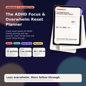 Może przedstawiać: Cyfrowy planer zatytułowany "The ADHD Focus & Overwhelm Reset Planner" o odważnym designie. Planer zawiera codzienne strony, cotygodniowe resetowania i wsparcie nawyków. Został zaprojektowany w celu ograniczenia wizualnego chaosu i paraliżu analitycznego.