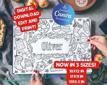 May include: A black and white Christmas-themed coloring page with the name "Oliver" in the center, surrounded by festive illustrations. The page is available in three sizes: 18x12 inches, 17x11 inches, and 11x8.5 inches. The image also includes the text "Digital Download Edit and Print!" and "Instant Canva Download."