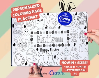 Mantel individual de Pascua para colorear editable, página para colorear de Pascua personalizada, mantel individual de Pascua para colorear, nombre personalizado para colorear, imprimible de Pascua