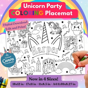 Editable magical unicorn birthday coloring printable placemat, Custom birthday party coloring unicorn activity page, Personalized name mat