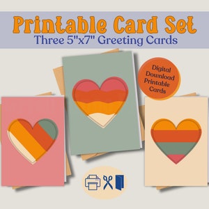 Juego de 3 tarjetas imprimibles con corazones degradados en blanco. Tarjetas de felicitación retro imprimibles con interior en blanco para maestros, abuelos, hermanos y mamás.
