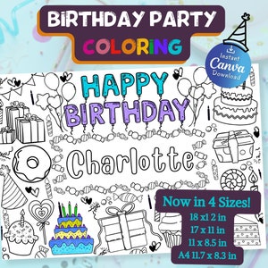 May include: A black and white printable coloring page featuring the text "Happy Birthday Charlotte" with birthday party themed illustrations such as presents, balloons, cake, and candy. The page is available in four sizes: 18 x 2 inches, 17 x 11 inches, 11 x 8.5 inches, and A4 11.7 x 8.3 inches.