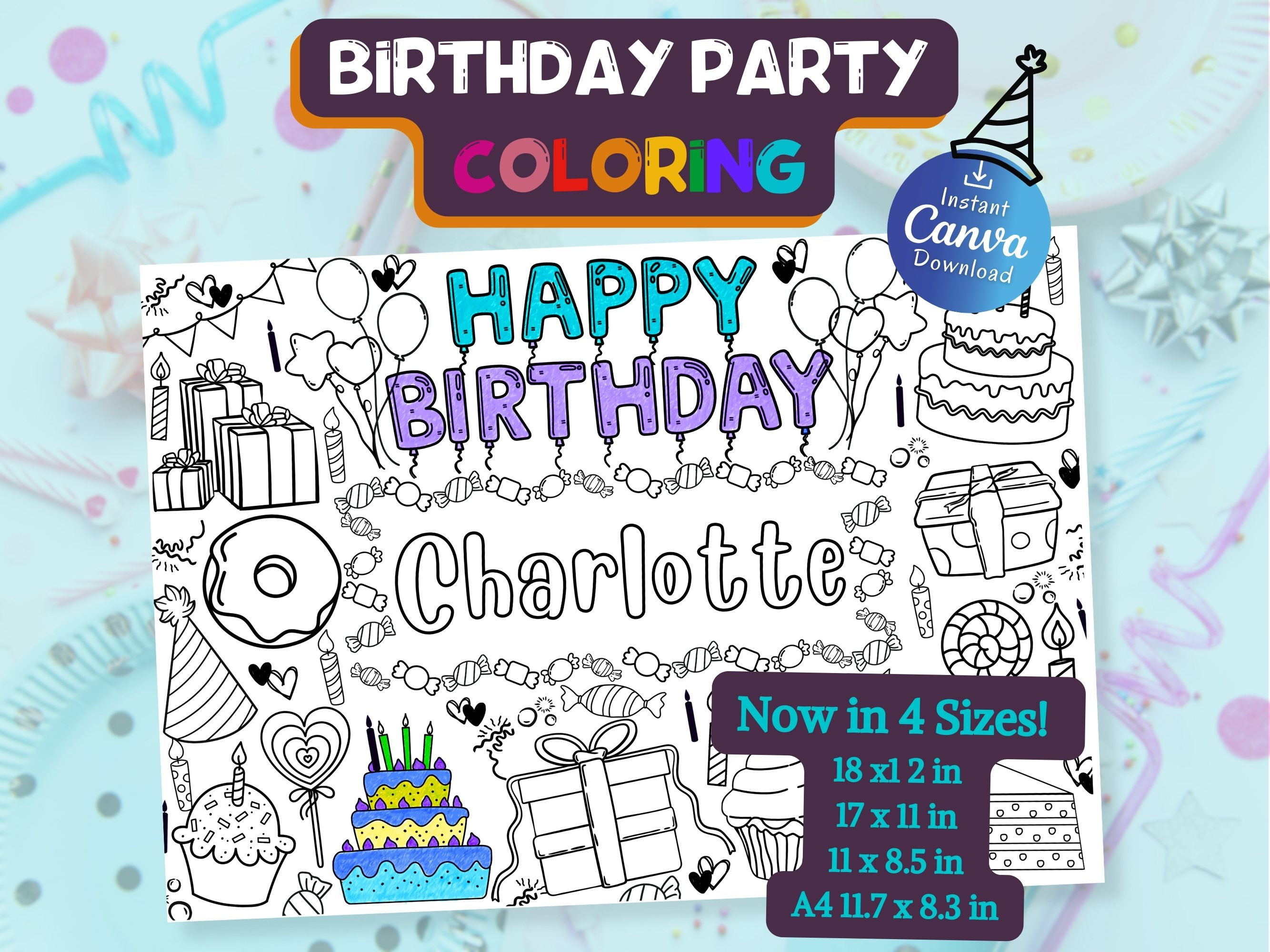Editable Birthday Coloring Printable Placemat, Custom Birthday Party ...