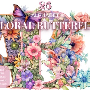 Alfabeto de flores de mariposa Acuarela PNG, 26 letras florales clipart, pegatinas de ilustración de impresión digital Álbum de recortes Diario basura Manualidades de papel
