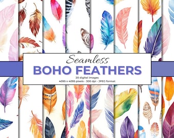 Boho Feathers Watercolor Digital Paper, Seamless Scrapbook Patterns ...