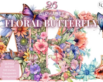 Butterfly Flower Alphabet Watercolor PNG, 26 floral letters clipart, digital print illustration stickers Scrapbook Junk Journal Paper Crafts