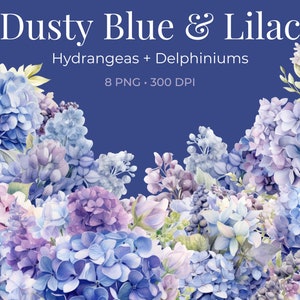 Dusty Blue & Lilac Watercolor Clipart, Hydrangeas and Delphiniums floral flowers in png format instant download for commercial use