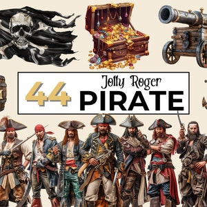 Paquete de imágenes prediseñadas de piratas, imágenes prediseñadas de Jolly Roger, búsqueda del tesoro de fantasía, imágenes prediseñadas de barco pirata, océano, loro, creación de tarjetas, gráficos para álbumes de recortes