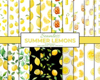 Watercolor Lemon Seamless Patterns, Citrus Digital Paper (Digital Download)