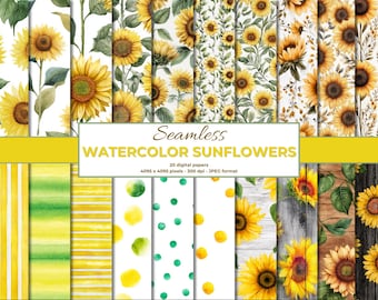 May include: A collection of 20 digital papers featuring watercolor sunflowers. The designs include various sunflower patterns, stripes, polka dots, and watercolor washes in yellow, green, and white. The image includes the text "Seamless Watercolor Sunflowers".