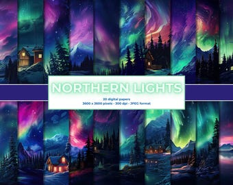 Pode incluir: Papéis digitais com representações vibrantes da Aurora Boreal. A obra de arte apresenta exibições coloridas da aurora boreal sobre paisagens nevadas, montanhas e cabanas. A imagem inclui o texto "NORTHERN LIGHTS" e detalhes sobre os papéis digitais.