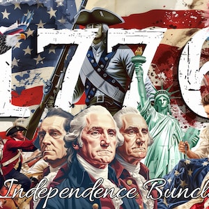 Pode incluir: Uma colagem de imagens que celebram o Dia da Independência dos Estados Unidos, com os números 1776, uma águia careca, um soldado, a Estátua da Liberdade e uma mulher costurando uma bandeira americana.