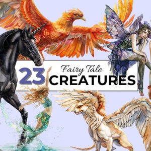 23 PNG 水彩神話の生き物のクリップアート バンドル、おとぎ話のクリップアート、ファンタジー神話の生き物の PNG 昇華、おとぎ話のイラスト
