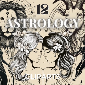 Paquete de imágenes prediseñadas de astrología de los signos del zodíaco, ilustraciones místicas del horóscopo celestial, signos solares, imágenes prediseñadas para uso comercial, diseños del zodíaco png
