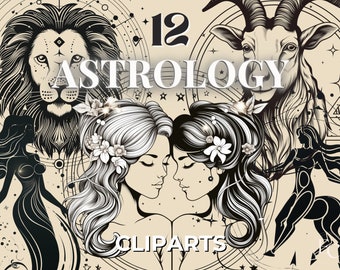 Zodiac Signs Clipart Bundle, Celestial Astrology Illustrations (PNG, JPG)