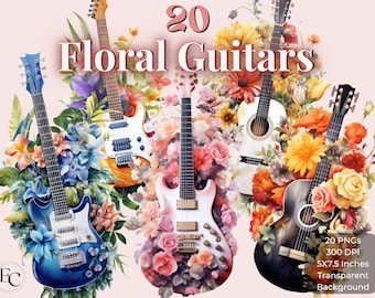 May include: Digital illustration featuring six guitars adorned with floral arrangements. The guitars are in various colors, including blue, white, and brown, and are surrounded by flowers in shades of pink, orange, and purple. The text "20 Floral Guitars" is at the top.
