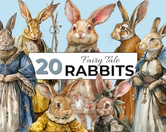 Watercolor Fairytale Rabbit Clipart Bundle (20 PNG)