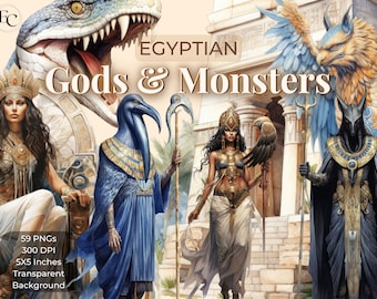 Watercolor Ancient Egyptian Gods & Monsters Clipart, Fantasy Ancient Egypt mythology png clip art bundle Egyptian Goddesses History Ephemera