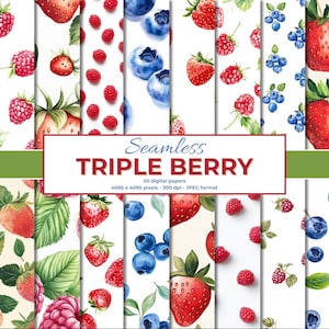 May include: A collection of 20 digital papers featuring watercolor illustrations of strawberries, raspberries, and blueberries. The papers have a seamless design and are in JPEG format. The text "Seamless TRIPLE BERRY" is displayed.