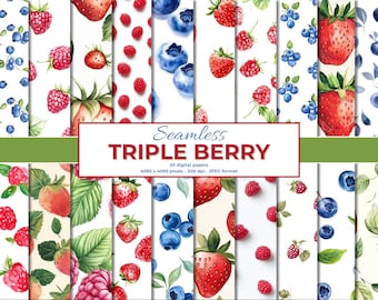Watercolor Berry Seamless Paper, Strawberry Blueberry Raspberry (Digital Paper)