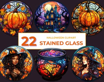 Halloween Stained Glass Clipart, Witchcraft PNG (Digital Download)