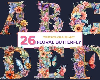 Butterfly Flower Alphabet, Watercolor Letters Clipart (PNG)