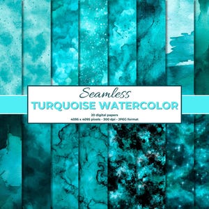 May include: A collection of 20 seamless turquoise watercolor digital papers. The papers feature various textures and patterns, including speckled, marbled, and starry designs. The image includes the text "Seamless Turquoise Watercolor".