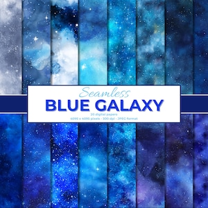 May include: A collection of 20 digital papers with a seamless blue galaxy design. The papers feature various shades of blue, with white and light blue accents, and a starry night sky effect. The text "Seamless BLUE GALAXY" is displayed on a white banner.