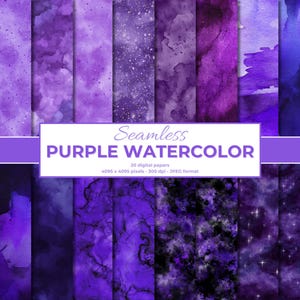 May include: A collection of 20 seamless digital papers in various shades of purple, with watercolor textures. The image includes a range of patterns, from speckled and starry to marbled and blended designs. The text "Seamless Purple Watercolor" is displayed.