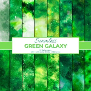 May include: A collection of 20 digital papers with a seamless green galaxy design. The papers feature various shades of green, with white and yellow accents, and a speckled, starry effect. The image includes the text "Seamless Green Galaxy".